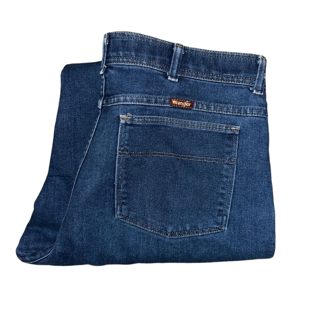 Wrangler Western Straight Leg Jeans Mens 38 27 Medium Wash Logo Pockets Blue